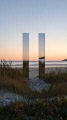 Two Tall Mirrors Reflecting Sunset on the Beach