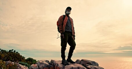 Canvas Print - View, hiking and senior man with nature, explore and adventure with wellness, retirement and activity. Outdoor, hiker and black person with journey, environment or recreation with space and travel