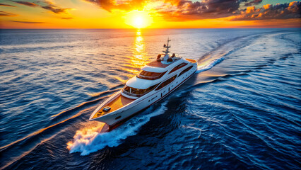 Aerial top down view of luxury yacht cruising in deep blue ocean at sunset, luxury, yacht, cruise, ship, sea, ocean, aerial