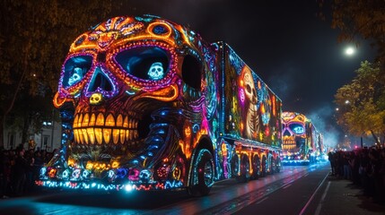 big day of the dead parade on reforma at night with allegorical trucks