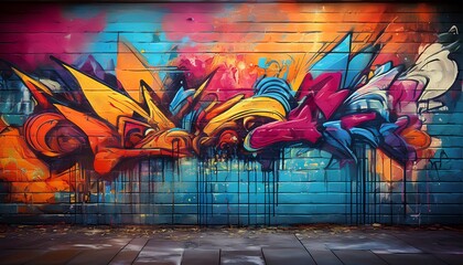 Poster - A vibrant mural featuring dynamic colors and abstract shapes on a wall, showcasing urban art and creativity.