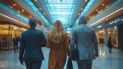 rear view of group of business people walking in an office building talking