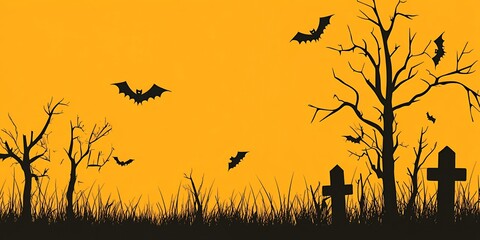 Sticker - Silhouettes of bats and trees against an orange background.