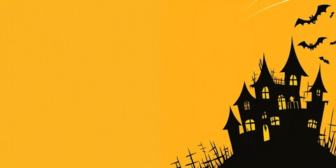 Spooky haunted house silhouette on yellow background.