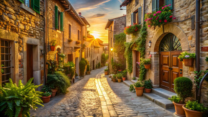  Italian-inspired village with charming streets bathed in golden hour light, perfect for a romantic stroll, Italy