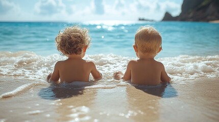 rear view of two toddler children playing on sand beach on summer holiday