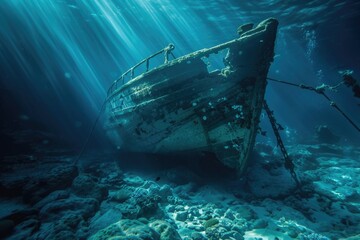 Underwater Boat. Diving into the Blue Depths with Ship and Sun Rays