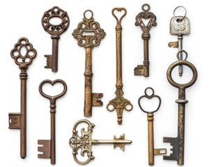 Wall Mural - Vintage Keys. Collection of Antique Accessory Aged in Bronze on White Background