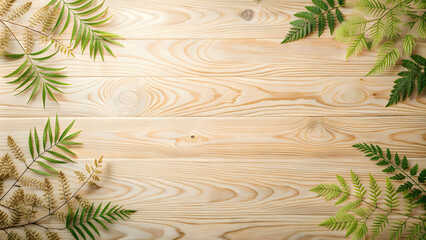 Top view of light wooden table with nature pattern and color