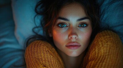 Poster - sad woman suffering from covid depression lying in bed in night