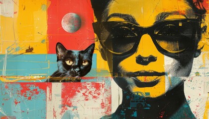 Woman wearing sunglasses and black cat looking up in artistic collage