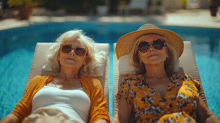 Sticker - senior best friends lying on lounge chairs by swimming pool, sunbathing elderly ladies spending hot day outdoors in backyard