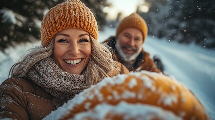 Wall Mural - senior couple having fun during cold winter day sledding down the hill