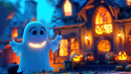 3D Ghost Flying Over Illuminated Pumpkins and Fallen Leaves in a Night City