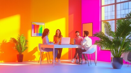 Poster - a lively collaboration meeting in a bright office with colorful walls and modern décor during the af