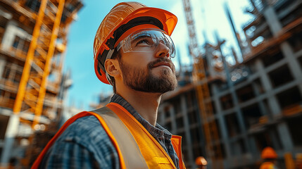 Wall Mural - Portrait of a male construction worker on a background of a new building