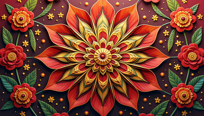 Wall Mural - A richly detailed mandala-inspired floral pattern in shades of gold and red capturing the essence of Indian spiritual artistry.