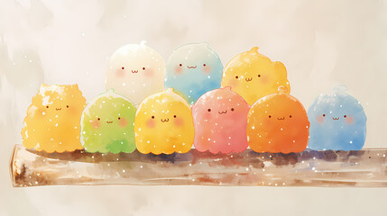 Cute cartoon characters with happy faces and pastel colors.