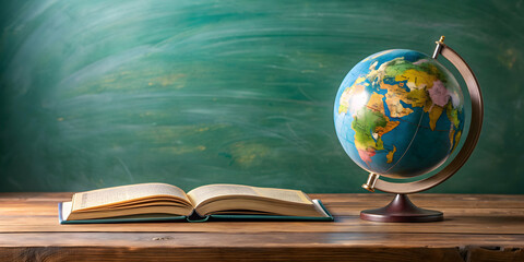 Science classroom still life featuring a globe and open book on a desk, education, school, learning, geography, science