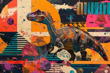 Poster - Colorful brachiosaurus dinosaur walking in urban pop art style illustration