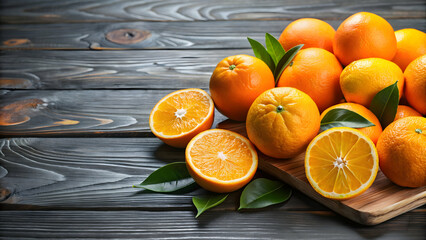 Wall Mural - Oranges on table with one sliced in half and leaves , oranges, table, sliced, half, leaves, fruit, fresh, vitamin C, healthy