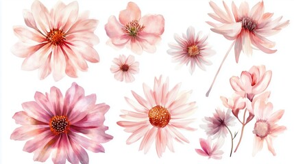 Canvas Print - A collection of delicate pink and white flowers arranged artistically on a light background showcasing their natural beauty