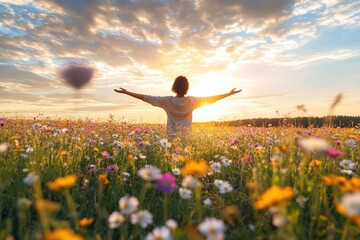 A person standing in a field of wildflowers with their arms open wide, embracing the warm sunlight and gentle breeze