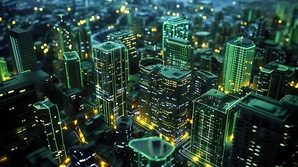 Poster - Aerial view of a futuristic cityscape at night, illuminated by bright neon lights.