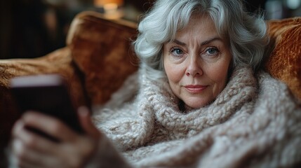 Poster - senior woman at home texting with friends or family older woman living alone enjoying peaceful weekend day