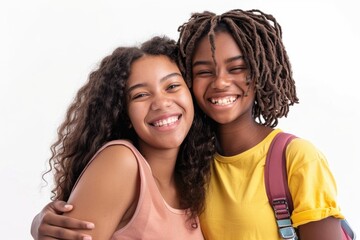 Two young friends standing side by side, smiling and laughing