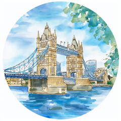 Canvas Print - Tower Bridge circle watercolor painting. Tower Bridge