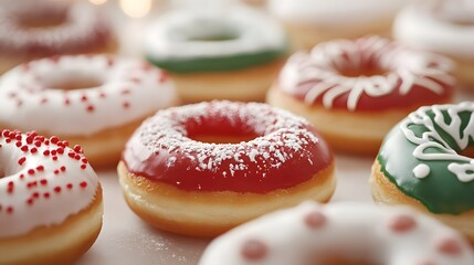 Wall Mural - Christmas-themed donuts decorated with red, green, and white icing, Generative AI