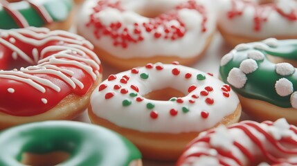 Wall Mural - Christmas-themed donuts decorated with red, green, and white icing, Generative AI