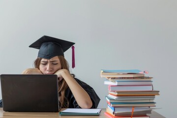 A woman sits in front of a laptop, focused on her work