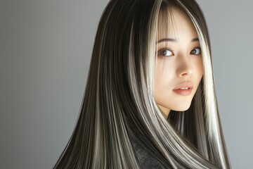 close up pretty Asian woman with straight grey hair with white highlight look elegance, professional hairstyle fashion model concept