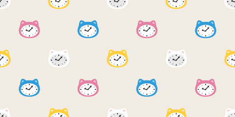 Wall Mural - cat seamless pattern alarm clock kitten calico face head vector munchkin neko pet cartoon doodle gift wrapping paper tile background repeat wallpaper illustration isolated design