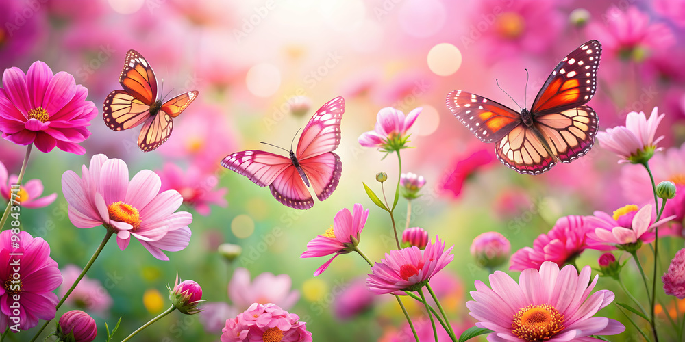 Pink butterflies gracefully fluttering amongst vibrant flowers 