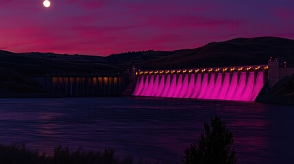 A hydroelectric dam releasing magenta color illuminated water at night with powerful currents at sunset, showcasing sustainable energy and industrial infrastructure