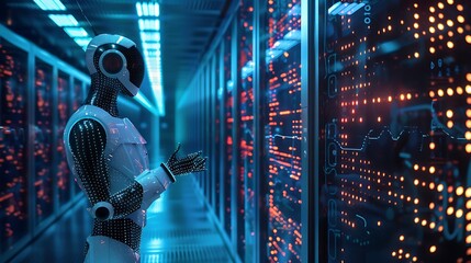 Fototapete - Futuristic robot stands in a data center, showcasing the intersection of technology and artificial intelligence.