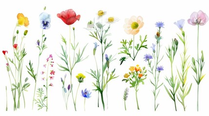 Wildflower Illustration. Watercolor Collection of Botanical Spring and Summer Flowers Set