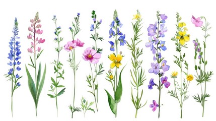 Wildflower Illustration. Watercolor Botanical Collection of Spring and Summer Flowers