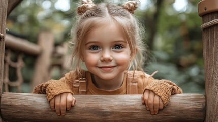 Wall Mural - small girl outdoors on wooden playground in garden in summer playing