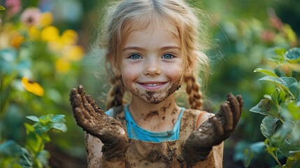 Sticker - small girl with dirty hands outdoors in garden sustainable lifestyle concept