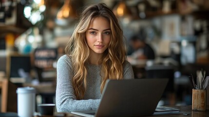 Poster - small restaurant business ide female business owner looking at order of goods from the supplier in laptop