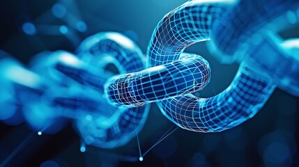 Poster - Close-up of a blue 3D chain link showcasing a network concept with digital connections.