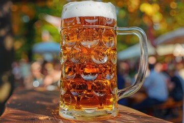 A glass of beer sitting on a wooden table