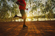 © sutadimages - Runner trail running fitness on nature landscape.athlete's feet wearing sports shoes for trail running in the forest