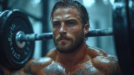 Poster - strong man performing front squat barbell resting on front shoulders routine workout for physical, m