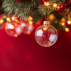 Wall Mural - elegant clear glass christmas ornament hanging from a green pine branch, with warm bokeh lights in t