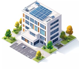 Vector flat isometric hospital building with solar panels isolated on a white background